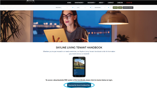 Screenshot of Skyline Living Tenant Handbook Page, identifying the Download the Tenant Handbook Now button to get your digital copy 