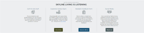 Screenshot of Skyline Living Rental Process Page identifying the six easy steps to getting started in your rental journey, as well as indicating the Search Apartments button that you can click when you're ready to begin