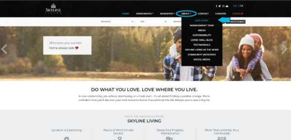 Screenshot of Skyline Living Home Page identifying the About tab that you need to hover over to get a drop-down menu, then you click on Our Story to access the first page in the About section 