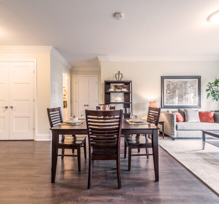 335 Dunsdon Staged model suite Dining area facing bedroom entryway