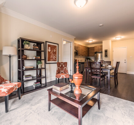 335 Dunsdon Staged model suite Living room facing kitchen