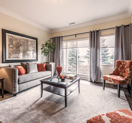 335 Dunsdon Staged model suite Living room facing window