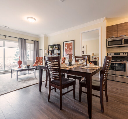 555 Park Staged model suite Dining area facing bedroom door