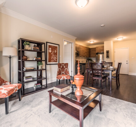 555 Park Staged model suite Living room facing kitchen2