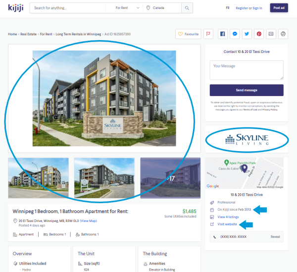Screenshot of a Kijiji advertisement for Skyline Living’s Addison Square Apartments with notations indicating where to find important ad elements of a trusted ad