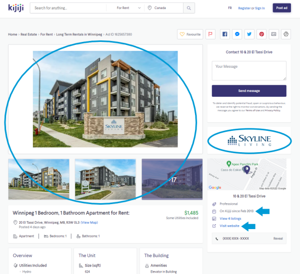 Capture d’écran d’une annonce Kijiji pour le complexe Addison Square de Skyline Living, qui met en évidence les signes d’une annonce digne de confiance