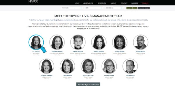 Screenshot of Skyline Living Management Team Page, with an example indicating that if you hover and click on the photos of the Management Team you can get to know each of our executive team members 