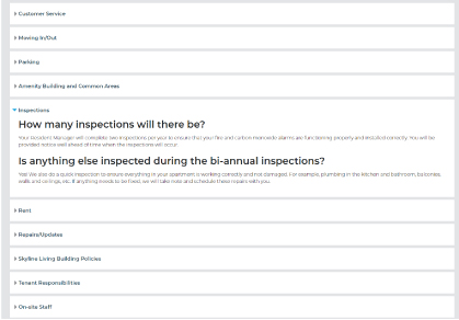 Screenshot of Skyline Living Residents’ FAQ Page, displaying an example of the issues or questions answered within each category in a drop-down menu once you click on a particular category  