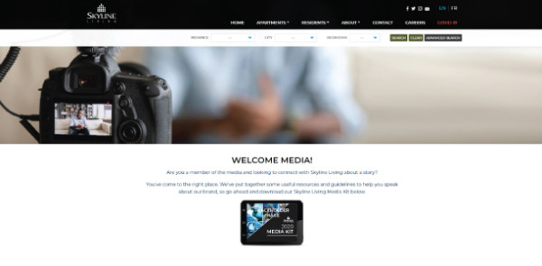 Screenshot of Skyline Living Media Page, with the header and welcoming message to individuals in the media community 