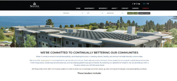 Screenshot of Skyline Living Sustainability Page, with the header and introduction to how the company is committed to continually bettering our communities 