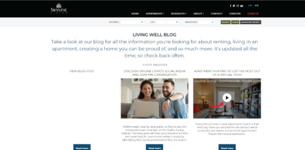 Screenshot of Skyline Living Living Well Blog Page, this is where you will find articles and tips on apartment searching and more 