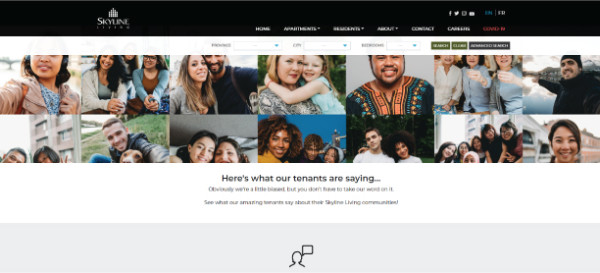 Screenshot of Skyline Living Testimonial Page, a page where you can view resident testimonials on living in the apartment building 