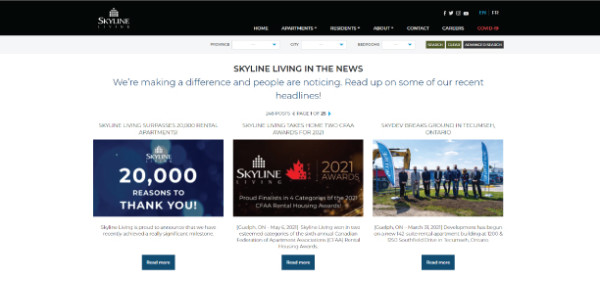 Screenshot of Skyline Living Skyline Living in the News Page, a page where you can view articles about different company  