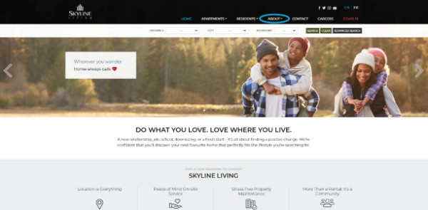 Screenshot of Skyline Living Home Page identifying the About button 