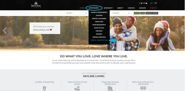 Screenshot of Skyline Living Home Page identifying the Apartments tab that you need to hover over to get a drop-down menu, then you click on Rental Process FAQ to get to the Rental Process FAQ Page