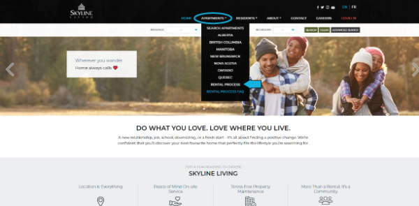 Screenshot of Skyline Living Home Page identifying the Apartments tab that you need to hover over to get a drop-down menu, then you click on Rental Process to access the Rental Process Page