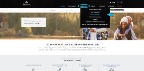 Screenshot of Skyline Living Home Page identifying the Residents tab that you need to hover over to get a drop-down menu, then you click on Residents’ FAQ to access the Rental Process Page 