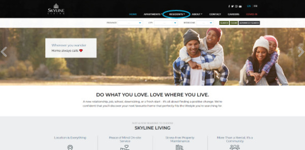 Screenshot of Skyline Living Home Page identifying the Apartments tab that you need to hover over to get a drop-down menu, then you click on Rental Process to access the Rental Process Page