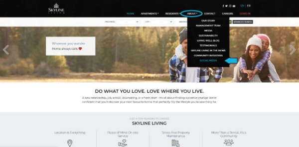 Screenshot of Skyline Living Home Page identifying the About tab that you need to hover over to get a drop-down menu, then you click on Social Media to access the Social Media Page
