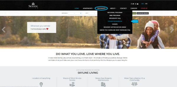 Screenshot of Skyline Living Home Page identifying the Residents tab that you need to hover over to get a drop-down menu, then you click on Tenant Handbook to access the Tenant Handbook Page 