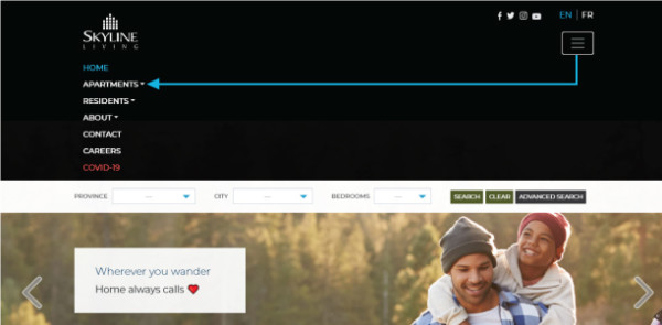Screenshot of Skyline Living Home Page identifying the three lines indicating a menu that drops down and gives you tabs to choose from. This is where you will choose the Apartments tab that you need to get a drop-down menu where you click on Rental Process