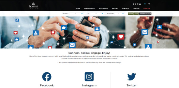 Screenshot of Skyline Living Social Media Page, indicating where you can access all of Skyline Living’s accounts in one place to make it easier for you to follow us and join in the conversation on Facebook, Instagram, and Twitter. 