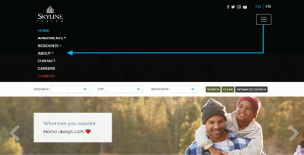Screenshot of Skyline Living Home Page identifying the three lines indicating a menu that drops down and gives you tabs to choose from. This is where you will choose the About tab 