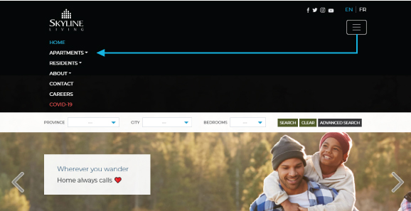 Screenshot of Skyline Living Home Page identifying the three lines indicating a menu that drops down and gives you tabs to choose from. This is where you will choose the Apartments tab that you need to get a drop-down menu where you click on Rental Process FAQe Page identifying the three lines indicating a menu that drops down and gives you tabs to choose from. This is where you will choose the Apartments tab that you need to get a drop-down menu where you click on Rental Process FAQ