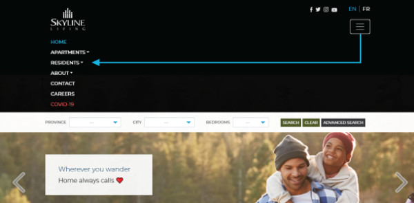 Screenshot of Skyline Living Home Page identifying the three lines indicating a menu that drops down and gives you tabs to choose from. This is where you will choose the Residents tab that you need to get a drop-down menu where you click on Residents’ FAQ 
