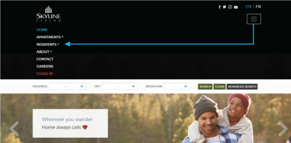 Screenshot of Skyline Living Home Page identifying the three lines indicating a menu that drops down and gives you tabs to choose from. This is where you will choose the Apartments tab that you need to get a drop-down menu where you click on Rental Process