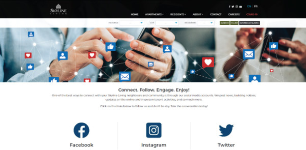 Screenshot of Skyline Living Social Media Page, indicating where you can access all of Skyline Living’s accounts in one place to make it easier for you to follow us and join in the conversation on Facebook, Instagram, and Twitter