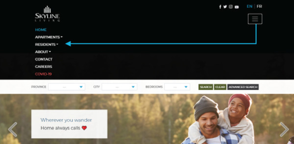 Screenshot of Skyline Living Home Page identifying the three lines indicating a menu that drops down and gives you tabs to choose from. This is where you will choose the Residents tab that you need to get a drop-down menu where you click on Tenant Handbook 