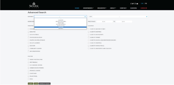 Screenshot of Skyline Living Home Page with the Advanced Search drop-down menu, identifying where to select your province with the drop-down feature