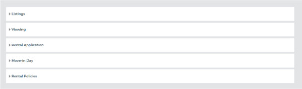 Screenshot of Skyline Living Rental Process FAQ Page category list with frequently asked questions