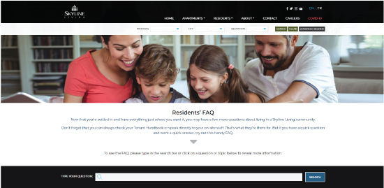 Screenshot of Skyline Living Resident’s FAQ Page 