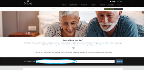Screenshot of Skyline Living Rental Process FAQ Page indicating where you can type in an issue to see if it has already been asked and has an answer