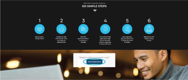 Screenshot of Skyline Living Rental Process Page identifying the six easy steps to getting started in your rental journey, as well as indicating the Search Apartments button that you can click when you're ready to begin