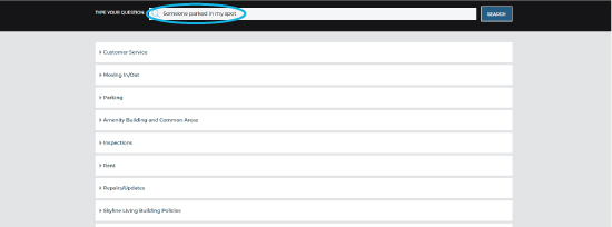 Screenshot of Skyline Living Residents’ FAQ Page, identifying the search bar that you are able to type in a specific issue or question to see if the current FAQ data base already has an answer for you 