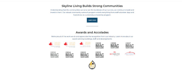 Screenshot of Skyline Living About Page, identifying the link to our Community Initiatives Page that explains the various community programs, events, competitions, and fundraising that Skyline hosts 