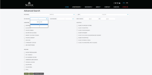 Screenshot of Skyline Living Home Page with the Advanced Search drop-down menu, identifying where to select how many bedrooms you would like in your apartment using the drop-down feature