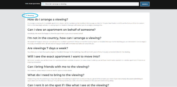 Screenshot of Skyline Living Rental Process FAQ Page indicating where you can click on an existing category and see the drop-down menu with frequently asked questions and answers