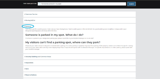 Screenshot of Skyline Living Residents’ FAQ Page, displaying an example of a search result with the category and drop-down menu of issues and answers relating to the question that you typed into the search bar 