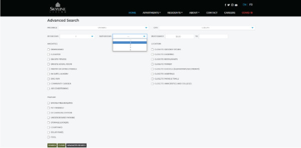 Screenshot of Skyline Living Home Page with the Advanced Search drop-down menu, identifying where to select how many bathrooms you would like in your apartment using the drop-down feature