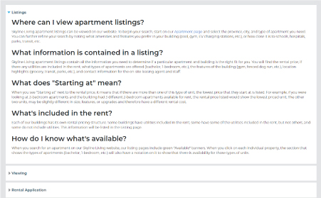 Screenshot of Skyline Living Rental Process FAQ Page example of further categories with drop-down menus with frequently asked questions and answers