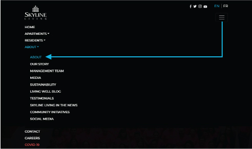 Screenshot of Skyline Living Home Page identifying the three lines indicating a menu that drops down and gives you tabs to choose from. This is where you will choose the About tab that you need to get a drop-down menu where you can click on more tabs to explore the company’s history 