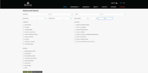 Screenshot of Skyline Living Home Page with the Advanced Search drop-down menu, identifying where to type in the minimum and maximum budget you have for apartment rent