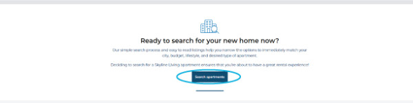 Screenshot of Skyline Living Rental Process FAQ Page indicating where you can click on the Search Apartments button to begin browsing available listings