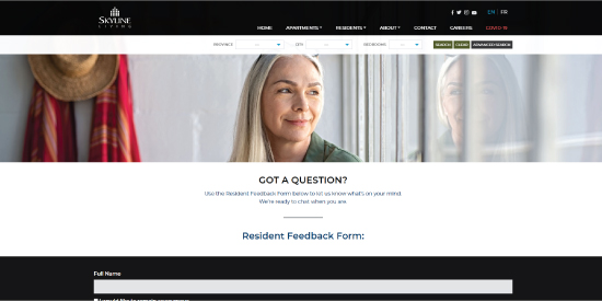 Screenshot of Skyline Living Resident Feedback Form Page, this is the page you will be brought to if you click the Feedback Form on the Residents’ FAQ Page 