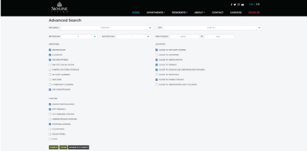 Screenshot of Skyline Living Home Page with the Advanced Search drop-down menu, identifying an example of selecting which amenities, features, and location options you would like by clicking the relevant boxes