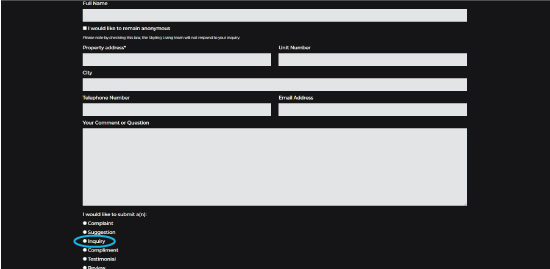 Screenshot of Skyline Living Resident Feedback Form Page, indicating where you click inquiry as your selection after filling in the above form with your full name, property address, unit number, city, telephone number, email address, and the issue or question that you need answered 